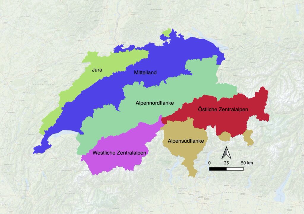 Dies sechs biogeographischen Regionen der Schweiz